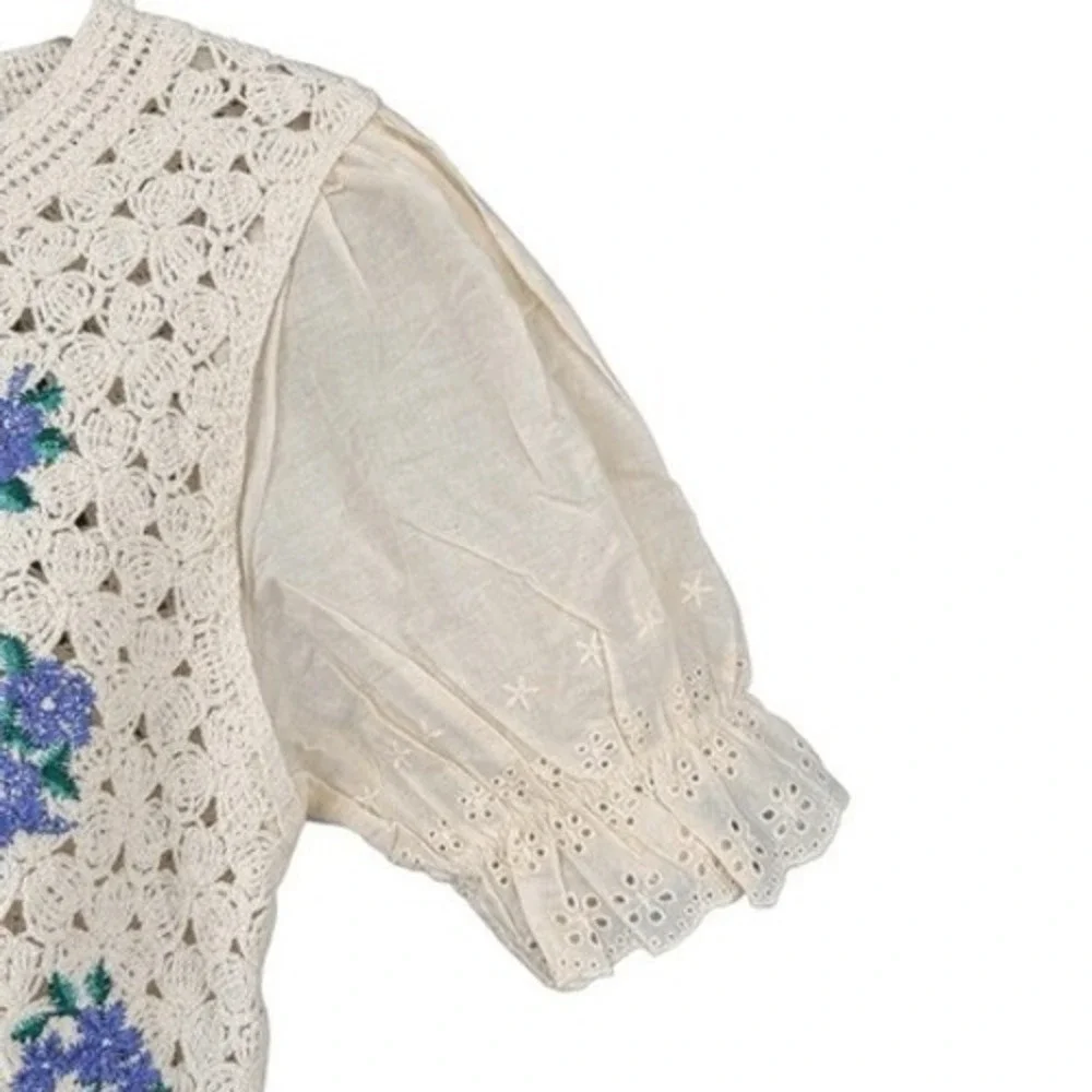 B8 Zara Crochet Top Floral Embroidery Puff Sleeve Boho Cottagecore Eyelet Trim